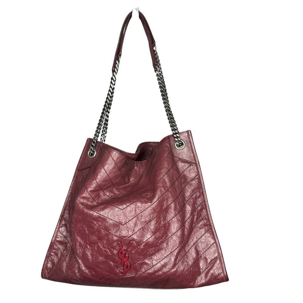 SAINT LAURENT Niki Shopper Tote Crinkled Leather Burgundy Matelasse Monogram MED